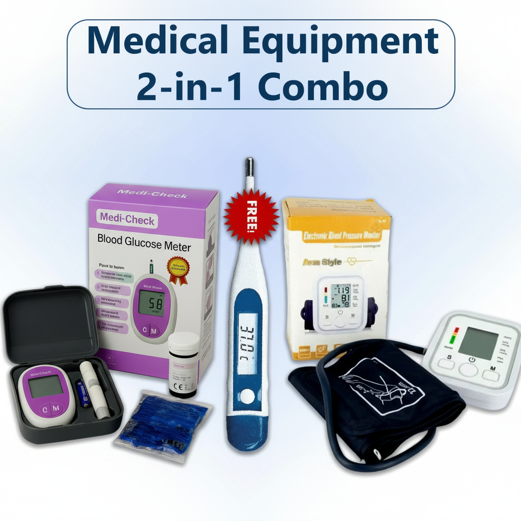 Medical Equipment 2-in-1 Combo Pack with Free Thermometer (Blood Glucose Meter + Digital BP Monitor)